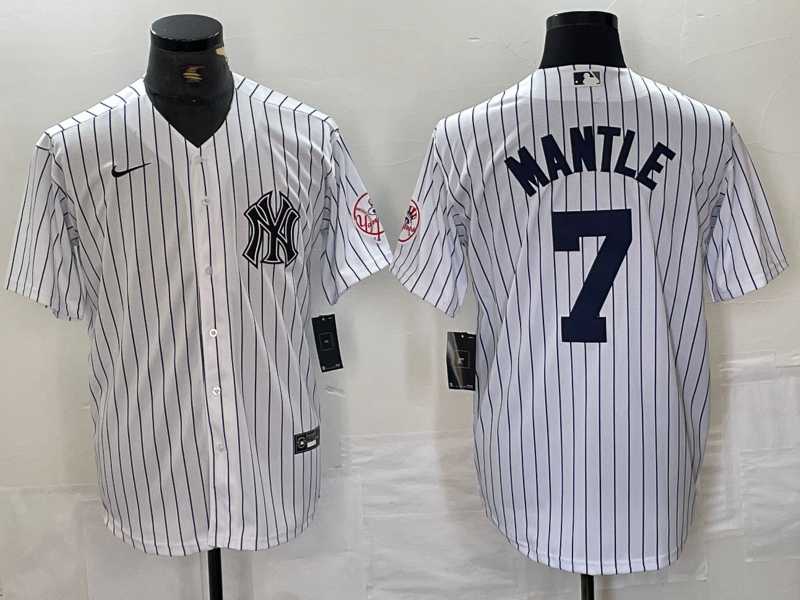 Mens New York Yankees #7 Mickey Mantle Name White With Patch 2024 Cool Base Stitched Jersey